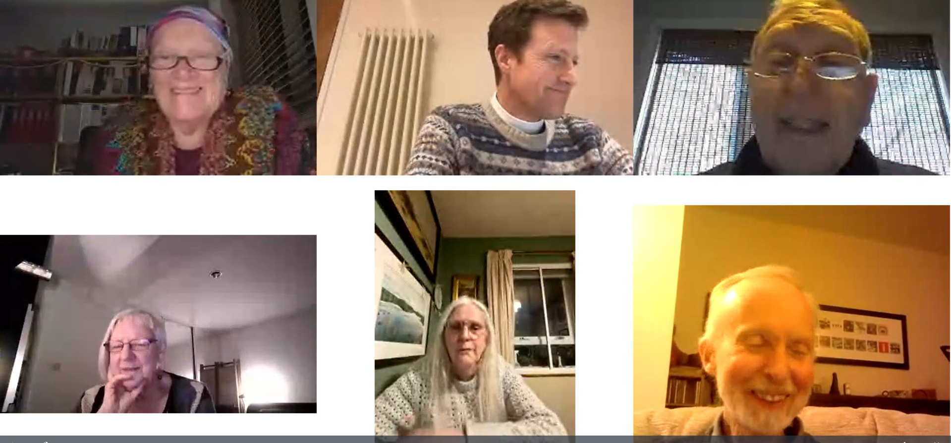 A screenshot of six people's faces, gathering for a weekly online seminar.