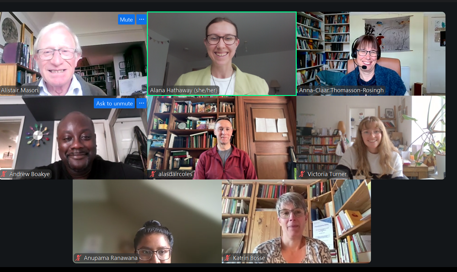 A screenshot of eight people's faces gathering online for the annual Board of Examiner's meeting.